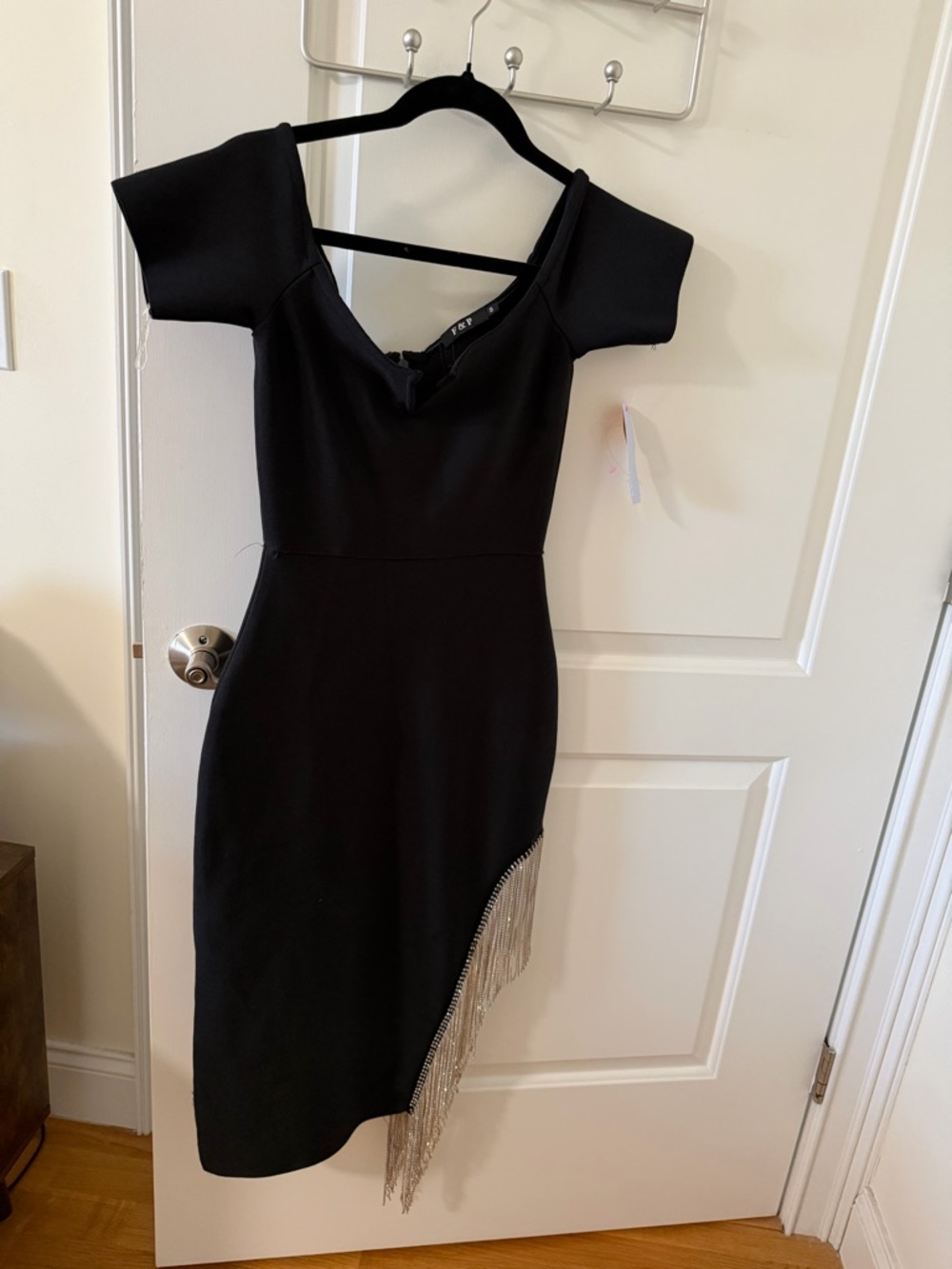 Black Off-Shoulder Fringe Hem Dress